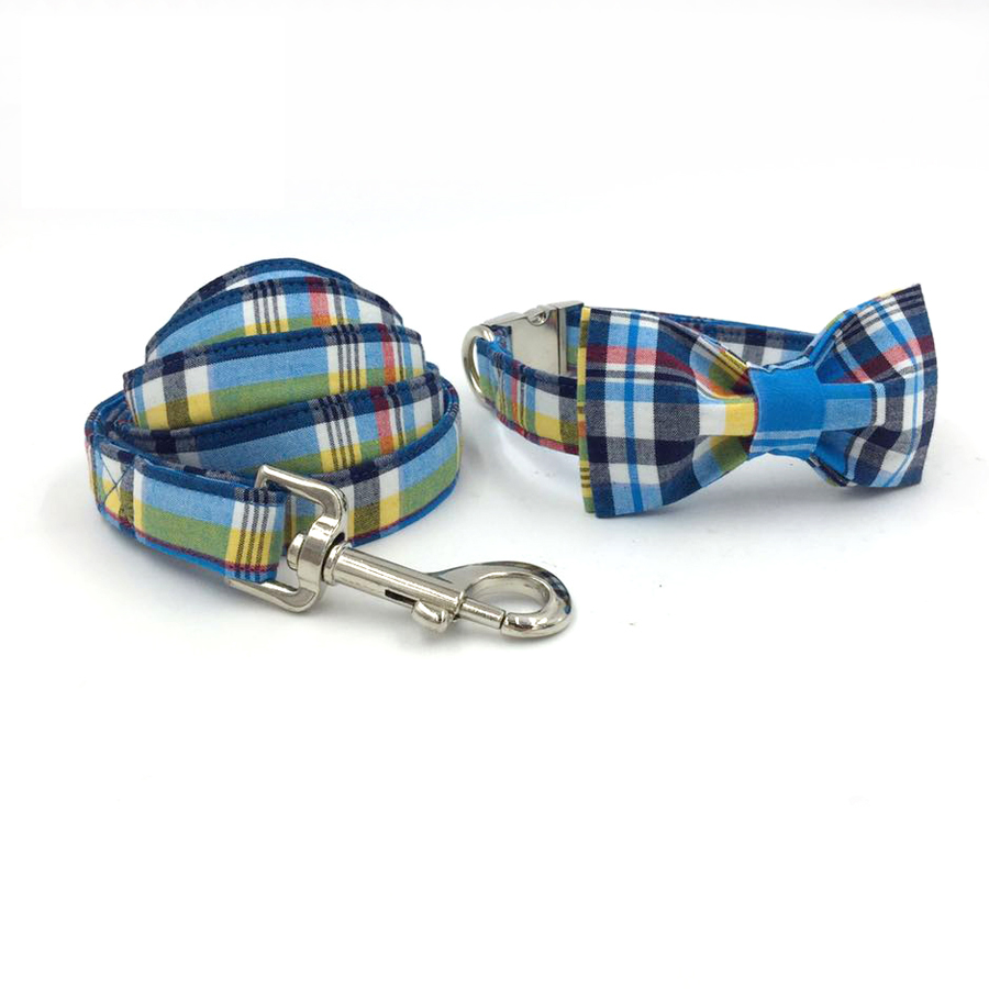 Blue Striped Collar with Bowtie or Set with Leash for Pets