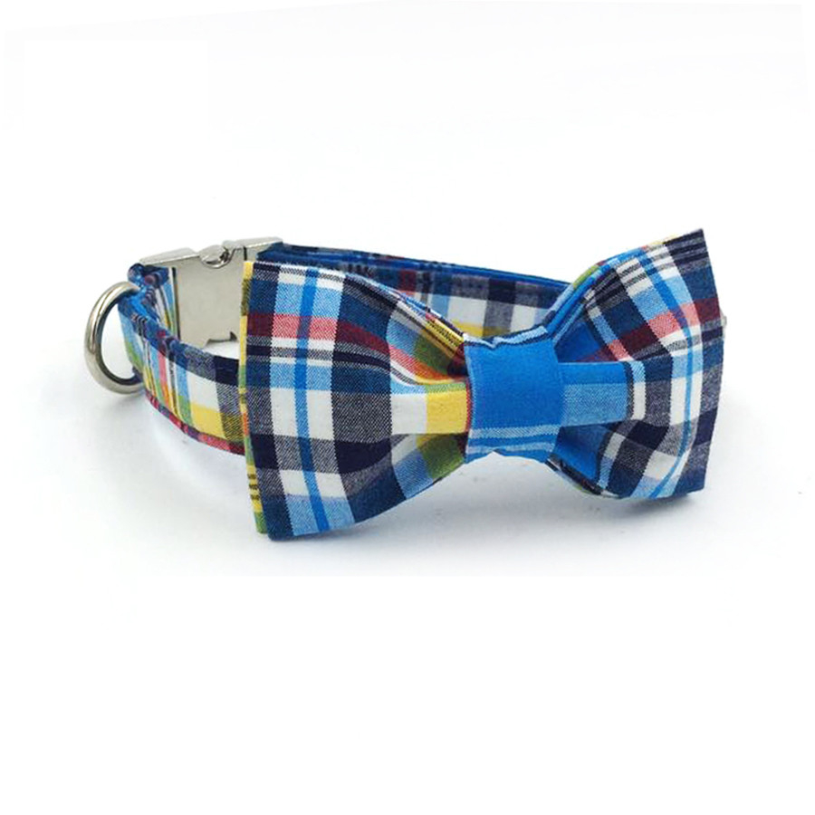 Blue Striped Collar with Bowtie or Set with Leash for Pets